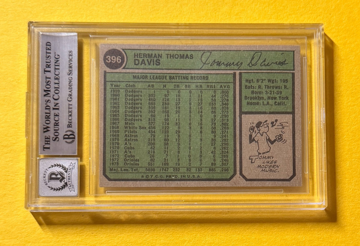 1974 TOPPS TOMMY DAVIS #396 SIGNED AUTO CARD BECKETT 10 AUTHENTIC ORIOLES