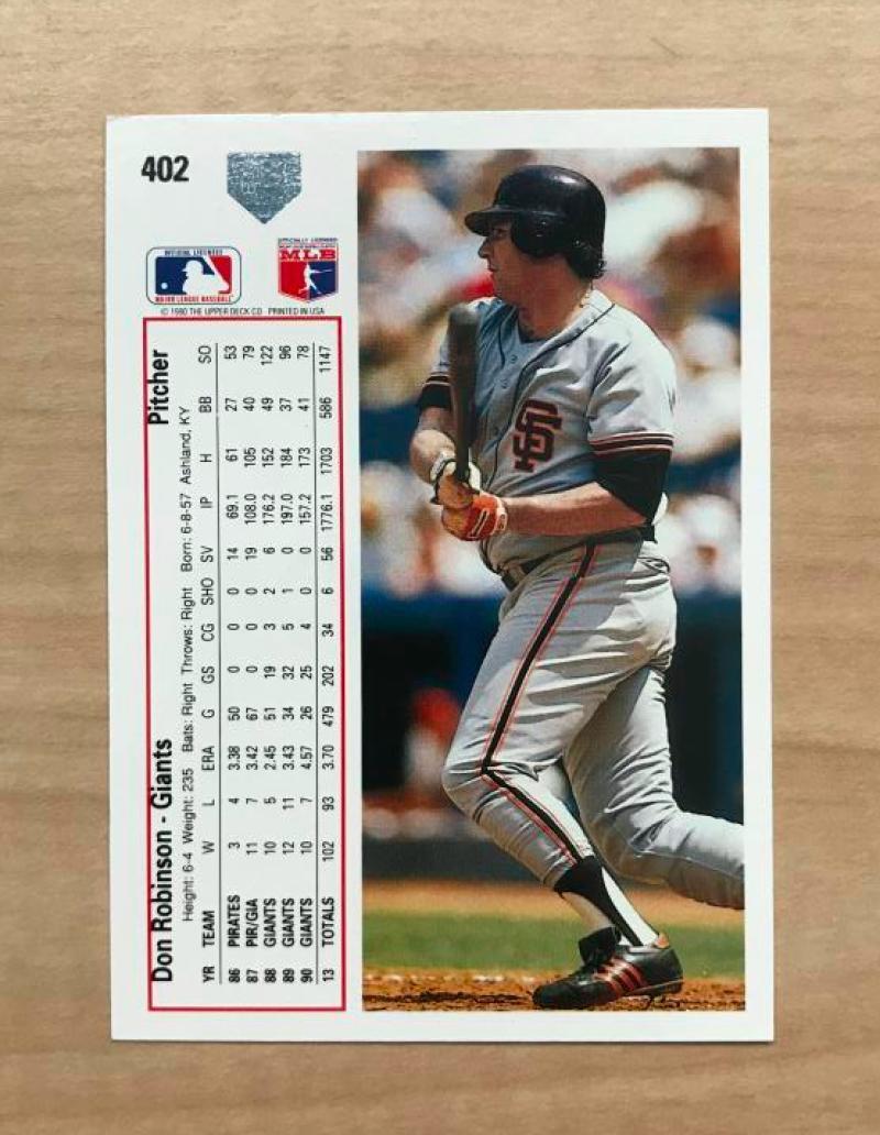 DON ROBINSON SAN FRANCISCO GIANTS SIGNED AUTOGRAPHED 1991 UPPER DECK #402 W/COA