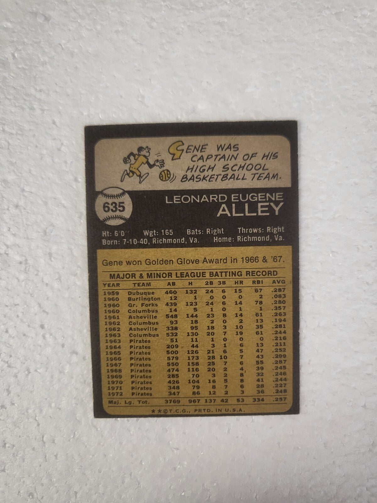 1973 TOPPS GENE ALLEY PITTSBURGH PIRATES SIGNED AUTOGRAPHED AUTO CARD #635 W/COA