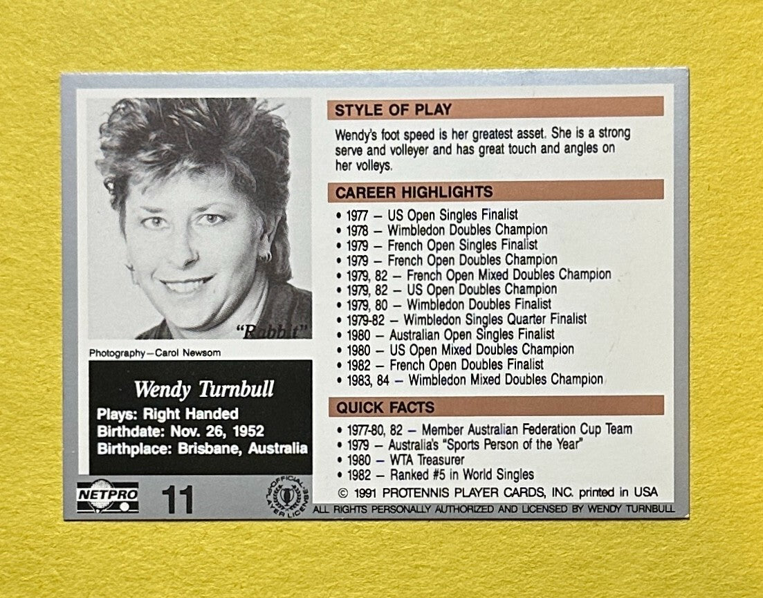 1991 NET PRO WENDY TURNBULL SIGNED AUTOGRAPH CARD W/ COA #11 TENNIS