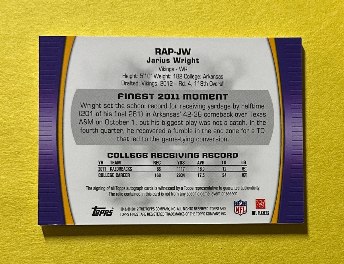 2012 TOPPS FINEST JARIUS WRIGHT ROOKIE PATCH AUTO /1353 #RAP-JW VIKINGS