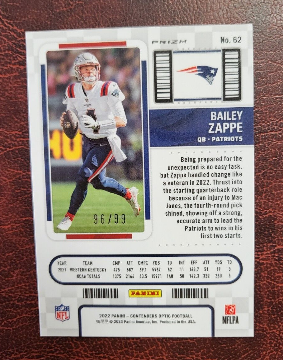 2022 CONTENDERS OPTIC ROOKIE TICKET BAILEY ZAPPE BLUE /99 RC FOOTBALL CARD RARE