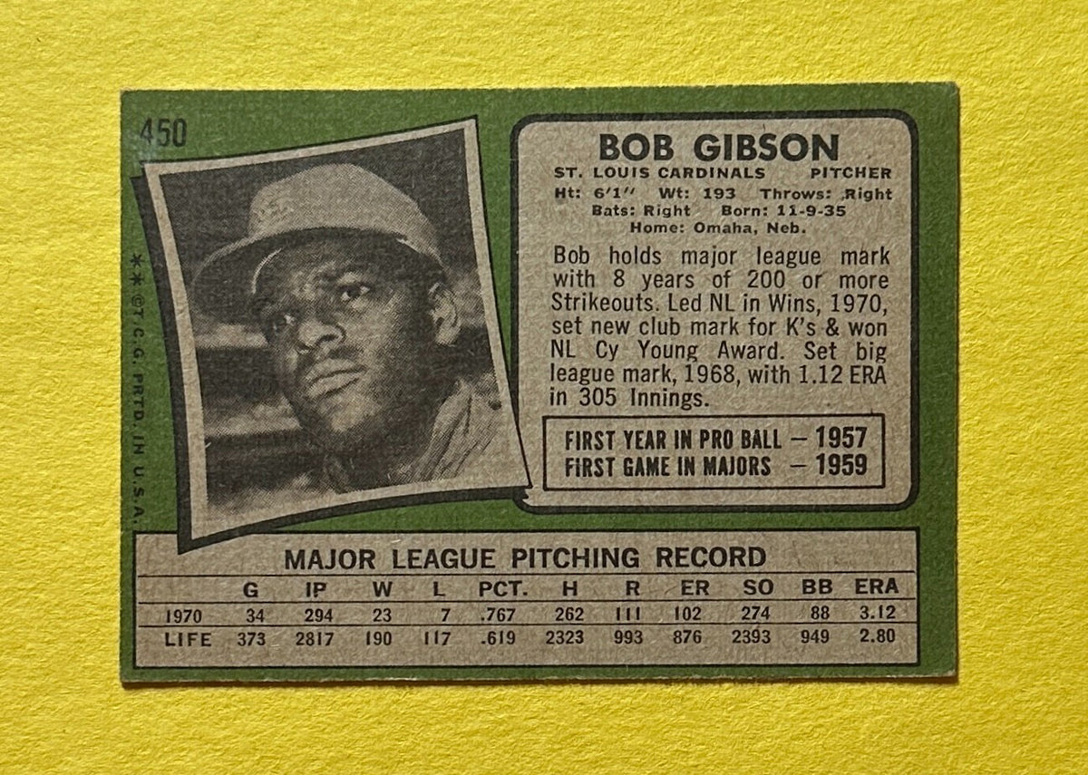 1971 TOPPS BOB GIBSON #450 CARDINALS HOF