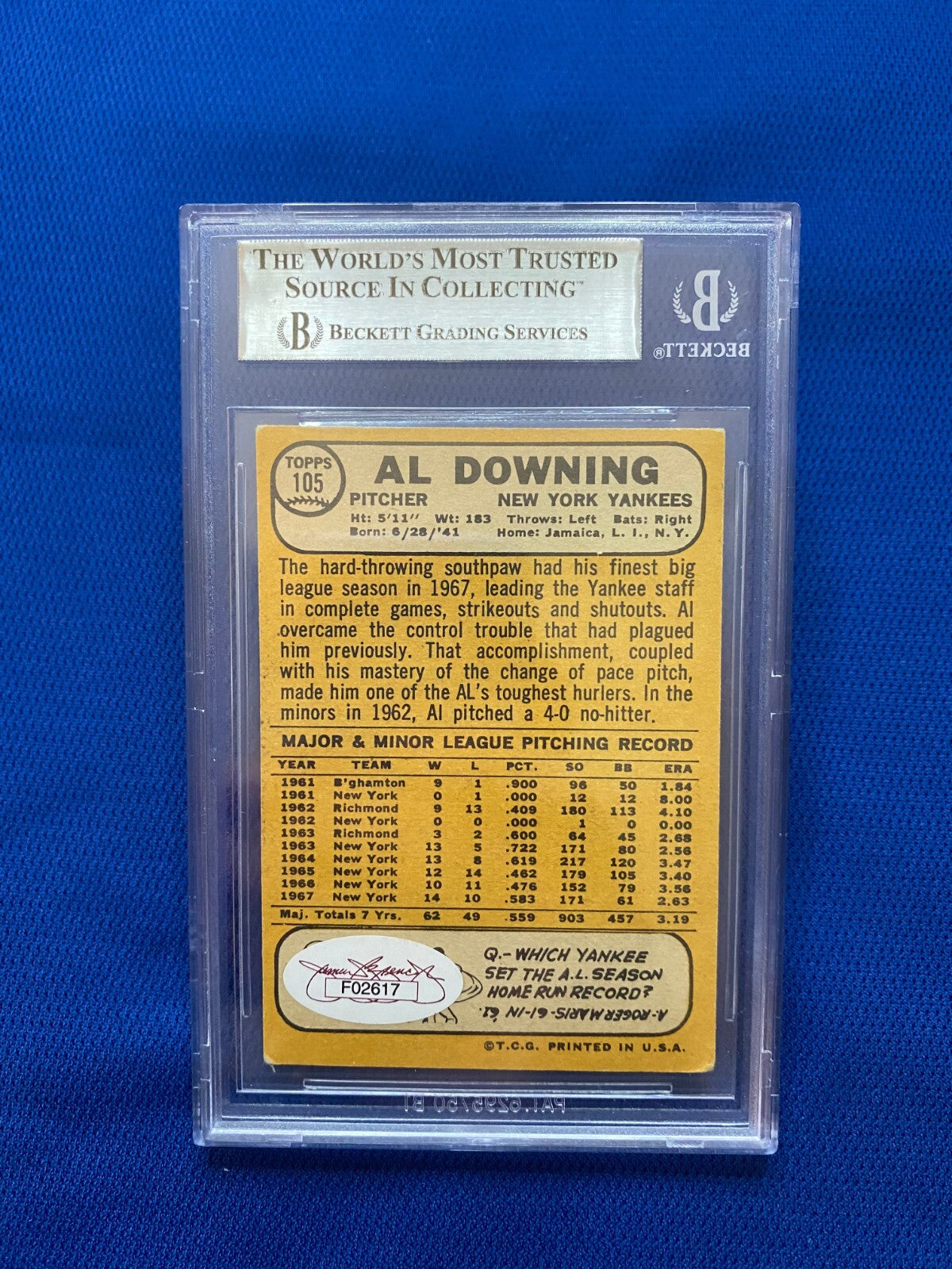 1968 TOPPS AL DOWNING NEW YORK YANKEES SIGNED AUTOGRAPHED #105 BECKETT