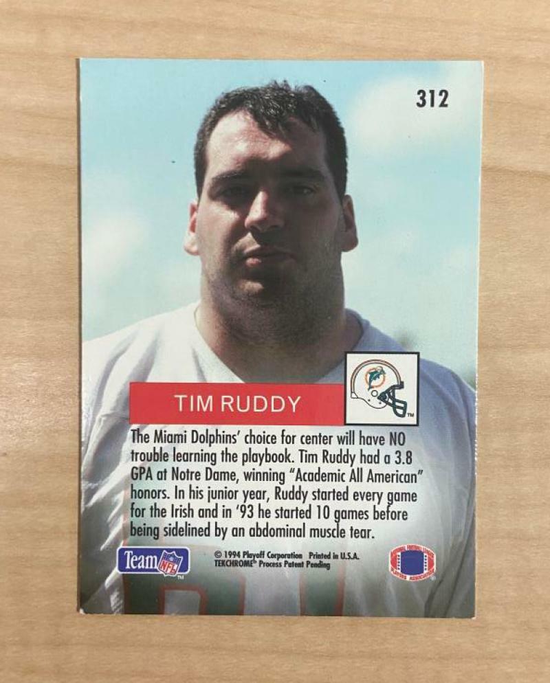 TIM RUDDY MIAMI DOLPHINS SIGNED AUTOGRAPHED 1994 PLAYOFF CARD #312 W/COA