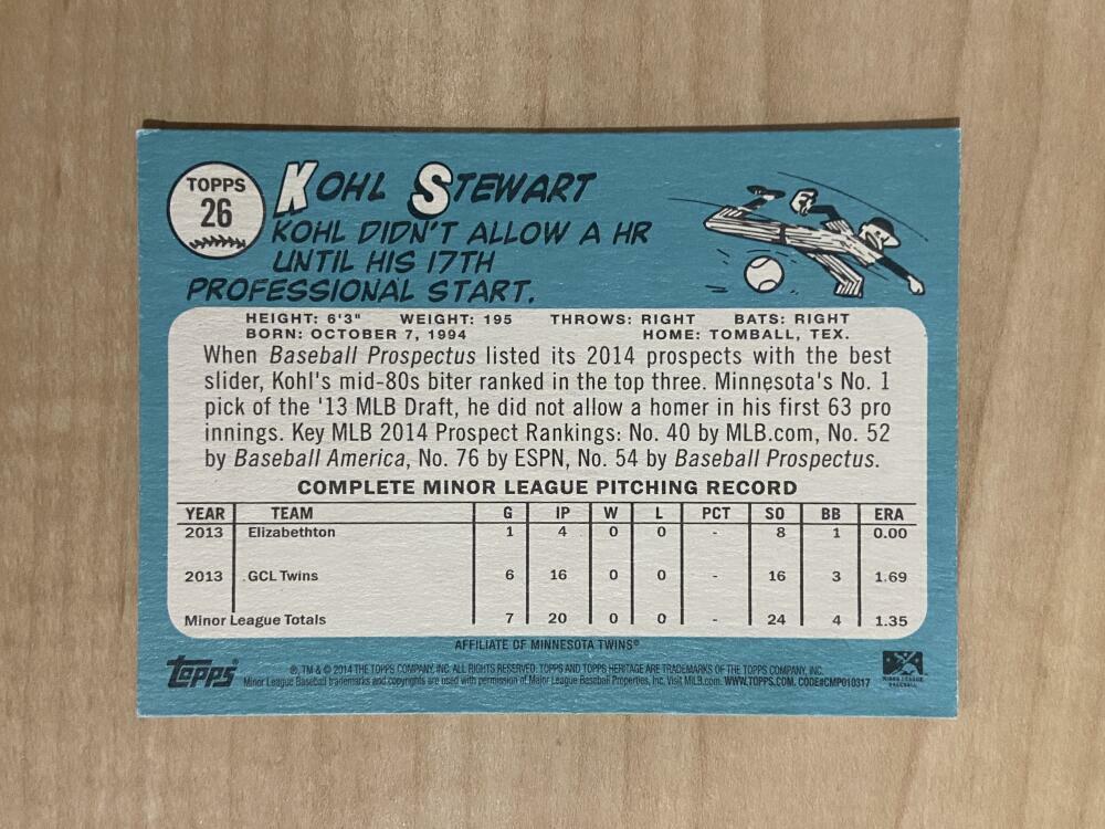 KOHL STEWART CEDAR RAPIDS KERNELS SIGNED AUTOGRAPHED 2014 TOPPS CARD #26 W/COA