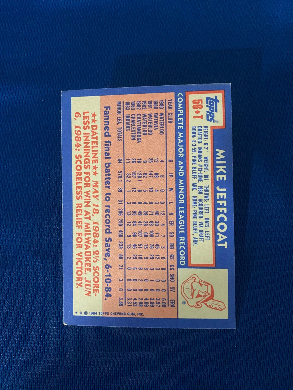 1984 TOPPS MIKE JEFFCOAT CLEVELAND INDIANS AUTOGRAPHED SIGNED CARD #T56 W/COA