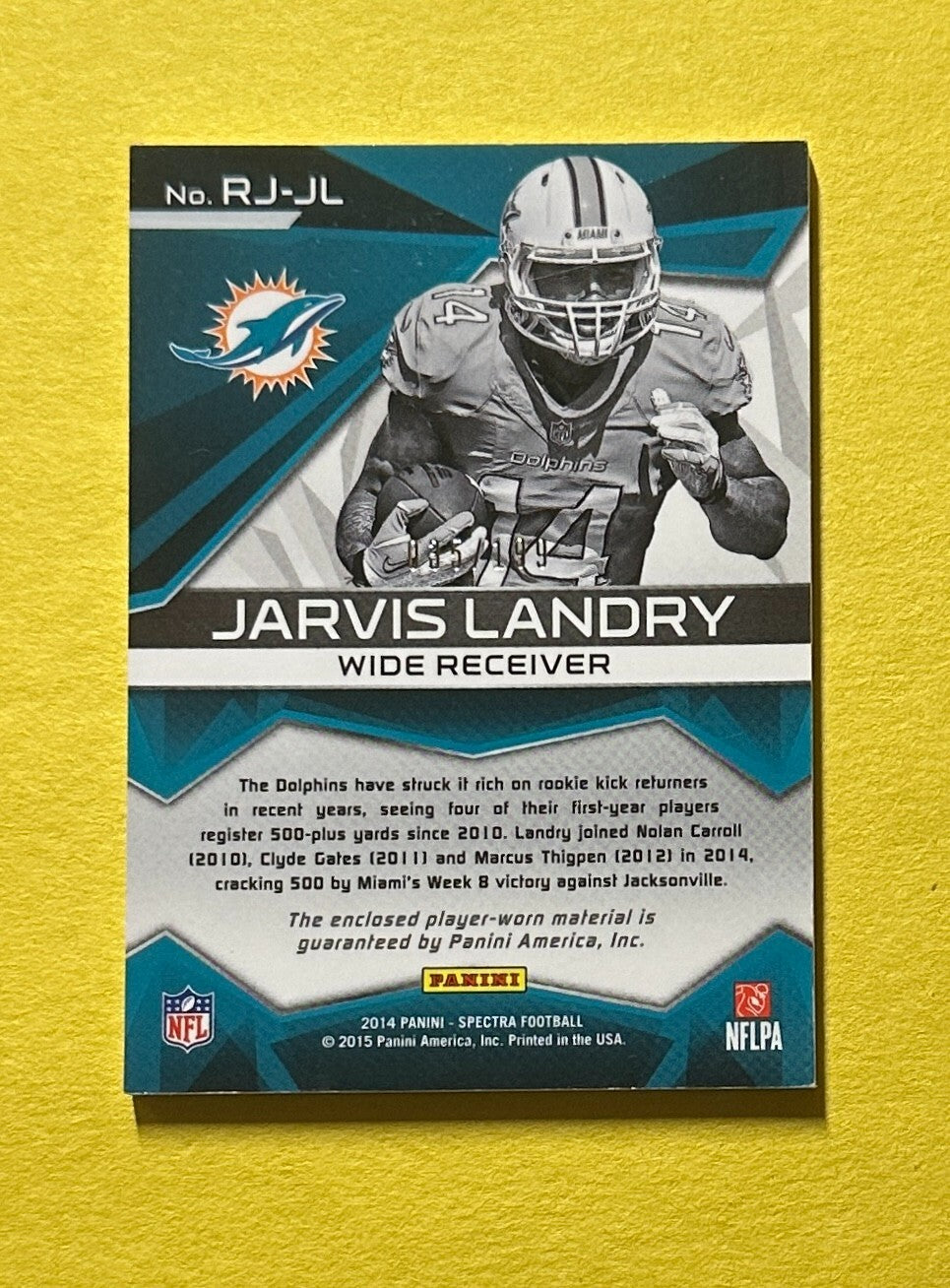 2014 PANINI SPECTRA JARVIS LANDRY ROOKIE PATCH /199 #RJ-JL DOLPHINS