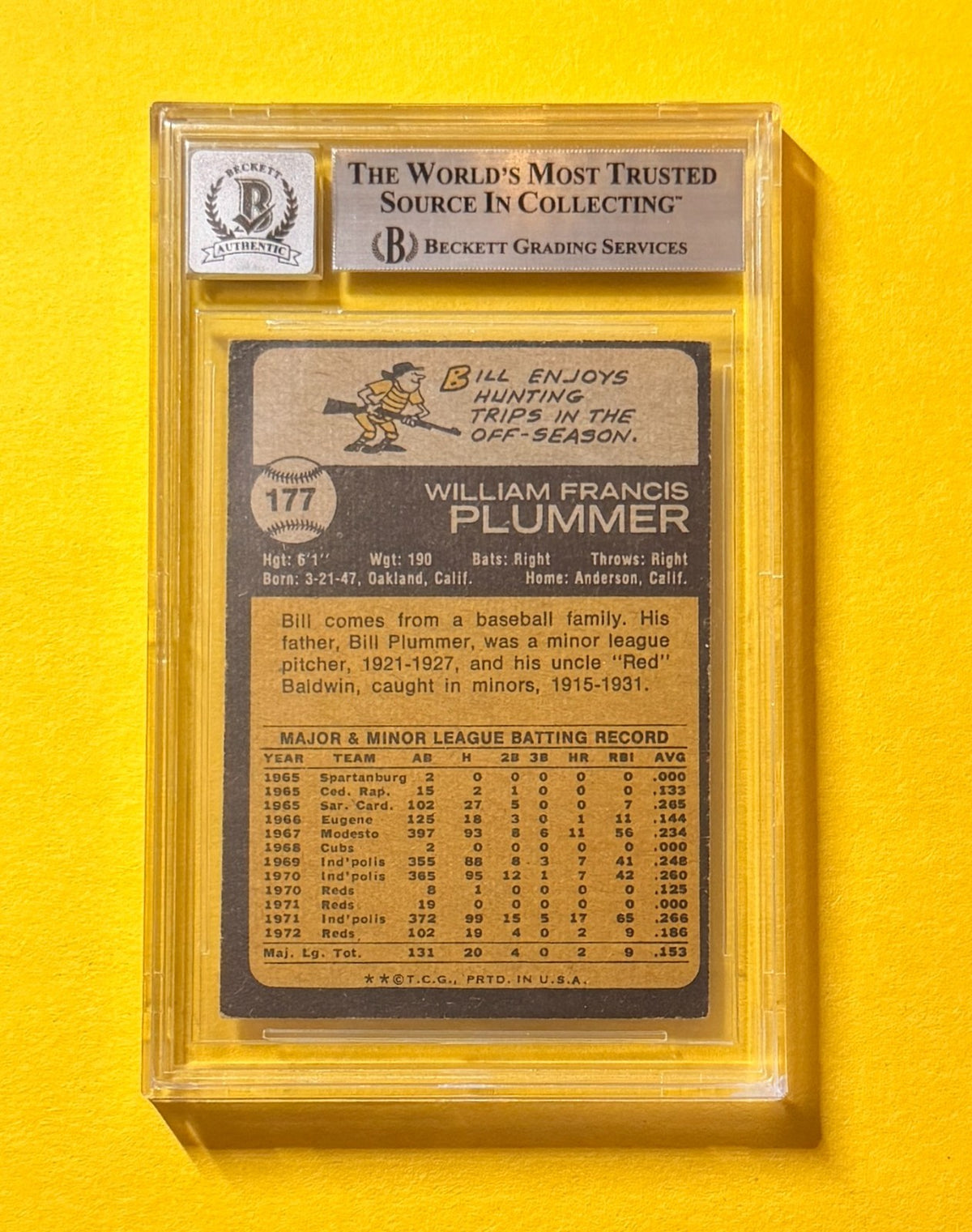 1973 TOPPS BILL PLUMMER #177 SIGNED AUTO CARD BECKETT 10 AUTHENTIC REDS