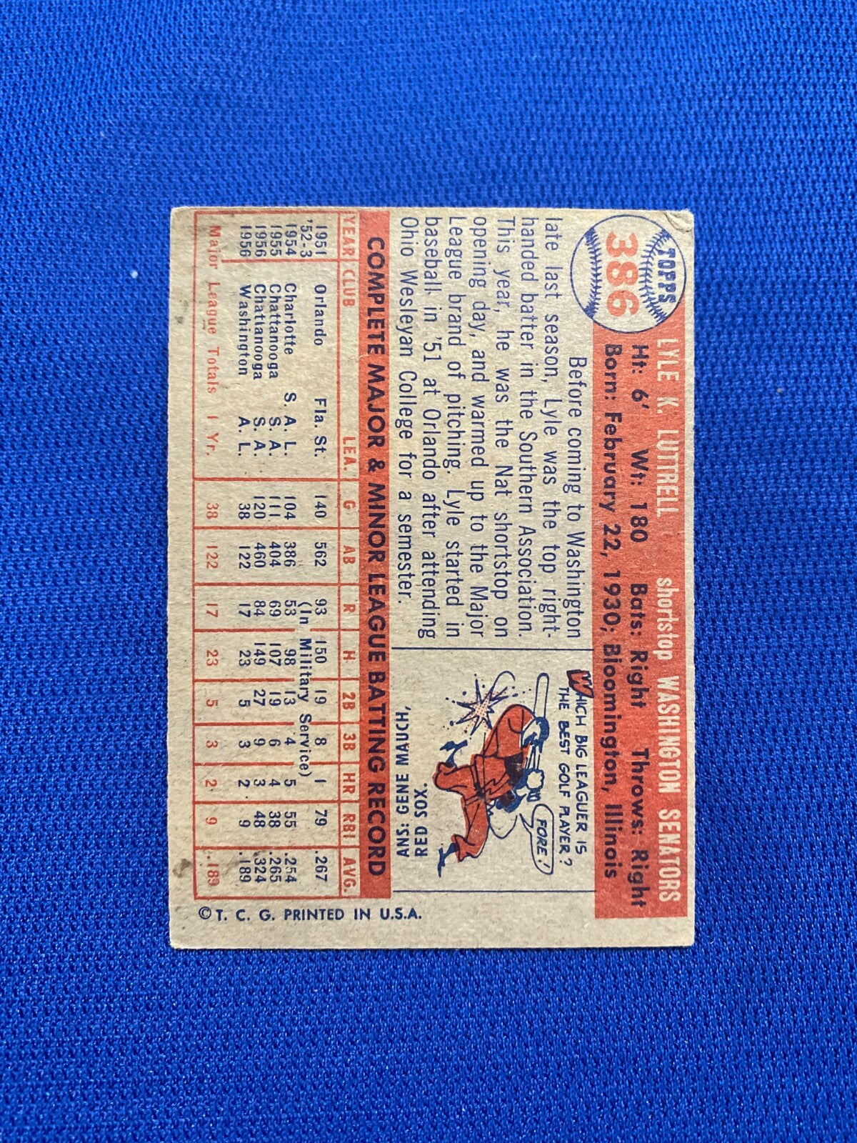 1957 TOPPS LYLE LUTTRELL WASHINGTON SENATORS #386 CARD VINTAGE SET-BREAK