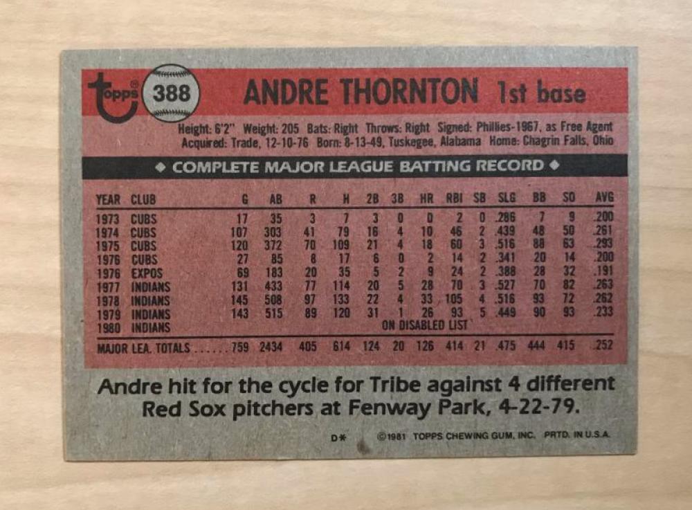 ANDRE THORNTON CLEVELAND INDIANS SIGNED AUTOGRAPHED 1981 TOPPS CARD #388 W/COA