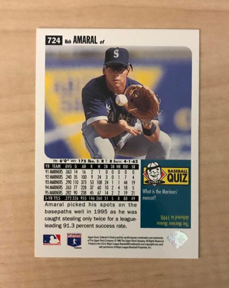 RICH AMARAL SEATTLE MARINERS SIGNED AUTOGRAPHED 1996 UPPER DECK CARD #724 W/COA 