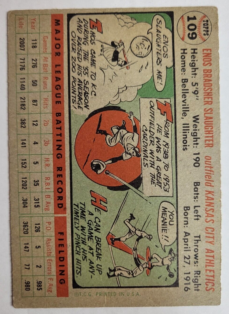 1956 TOPPS ENOS SLAUGHTER A'S #109 HOFER BASEBALL CARD