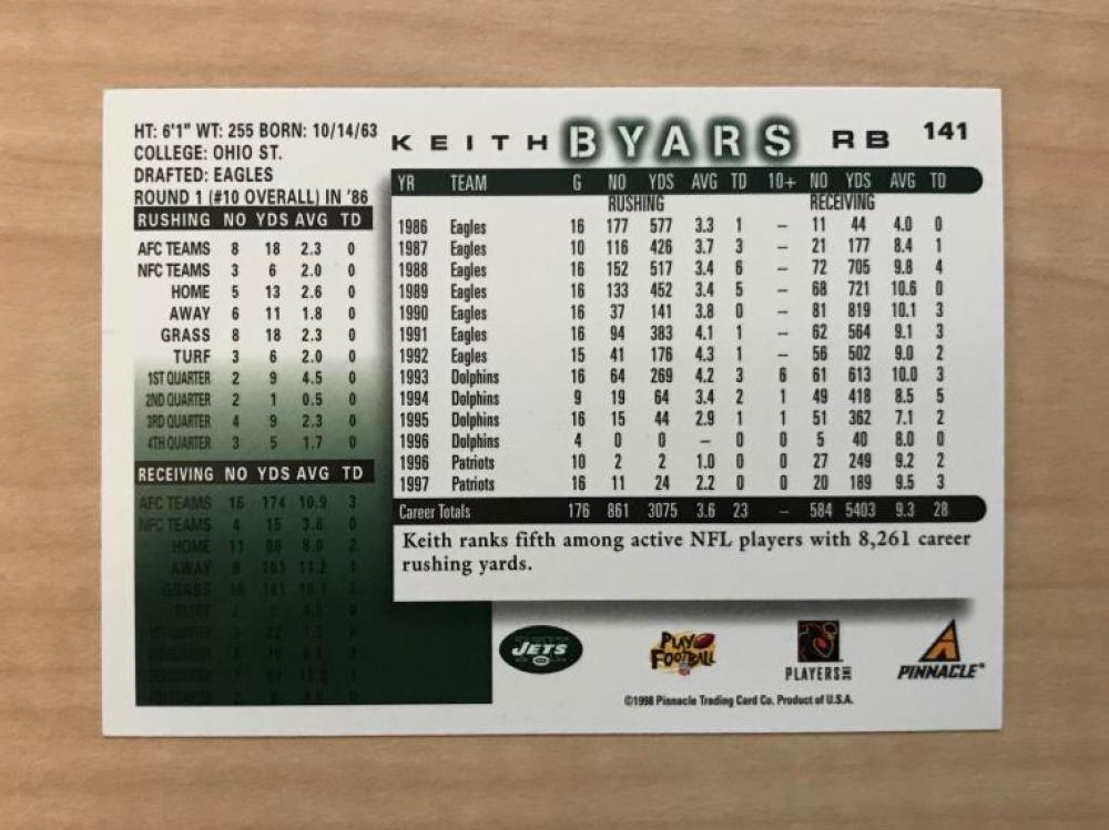 KEITH BYARS NEW YORK JETS SIGNED AUTOGRAPHED 1998 SCORE CARD #141 W/COA