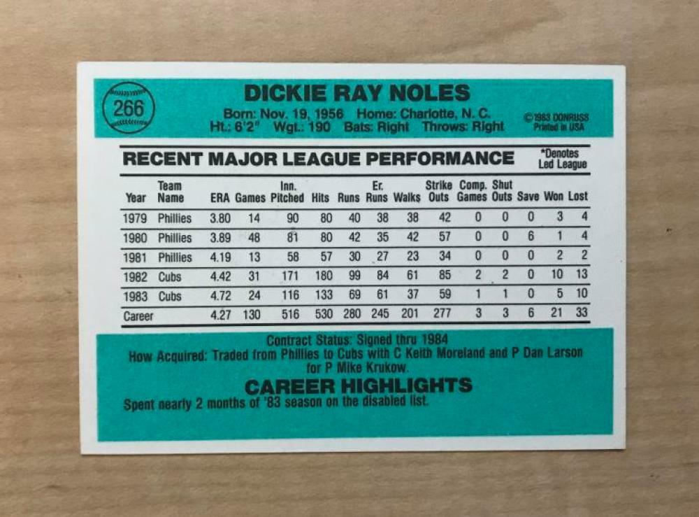 DICKIE NOLES CHICAGO CUBS SIGNED AUTOGRAPHED 1984 DONRUSS CARD #266 W/COA