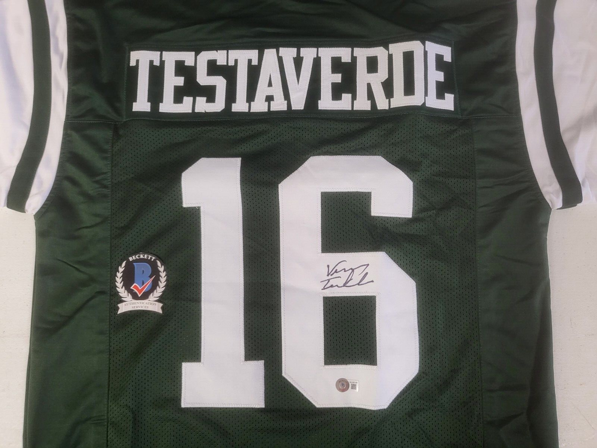 VINNY TESTAVERDE #16 NY JETS SIGNED AUTOGRAPHED CUSTOM JERSEY SIZE XL BECKETT