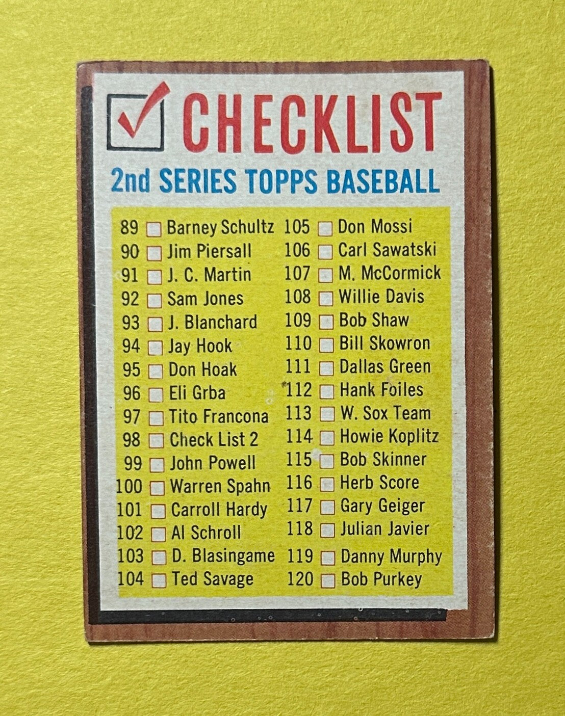 1962 TOPPS CHECKLIST 2ND SERIES #98