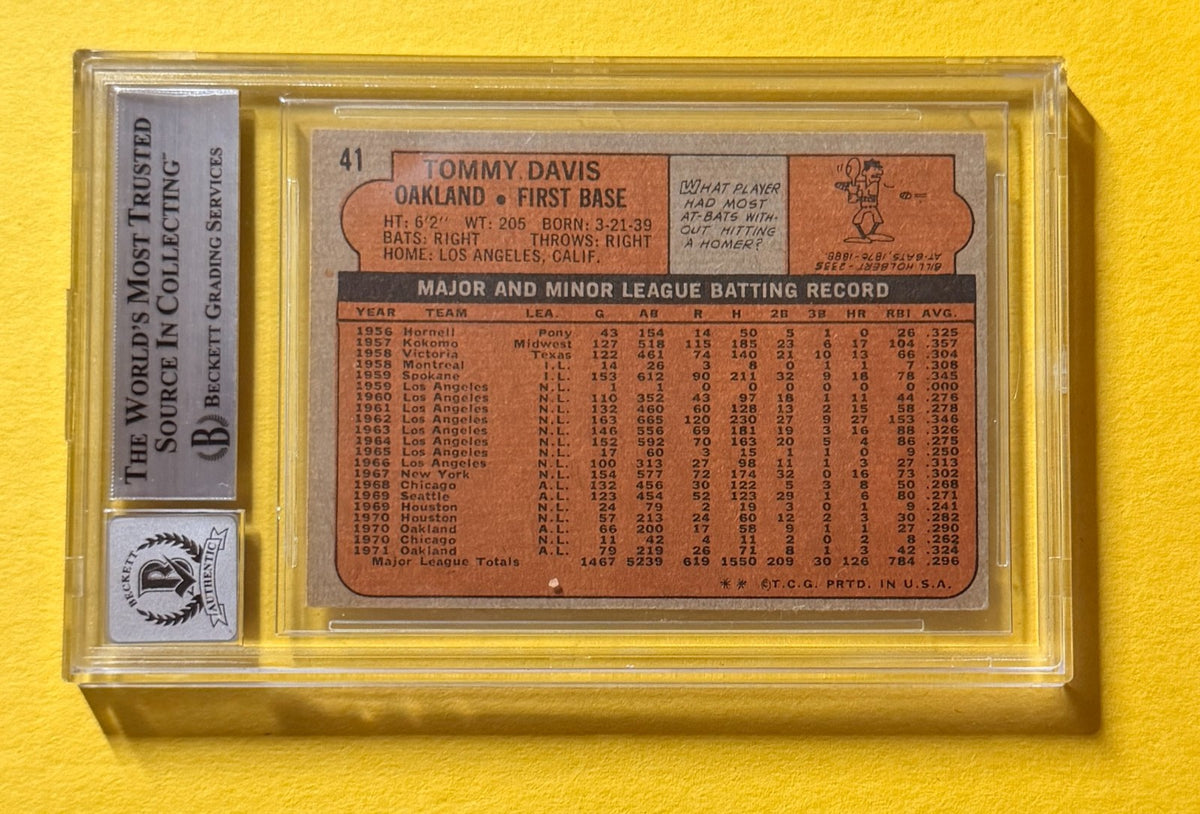 1972 TOPPS TOMMY DAVIS #41 SIGNED AUTO CARD BECKETT 10 AUTHENTIC ORIOLES