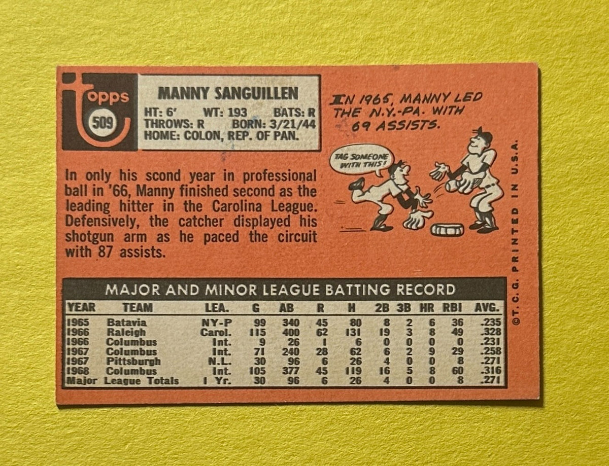 1969 TOPPS MANNY SANGUILLEN #509 PIRATES
