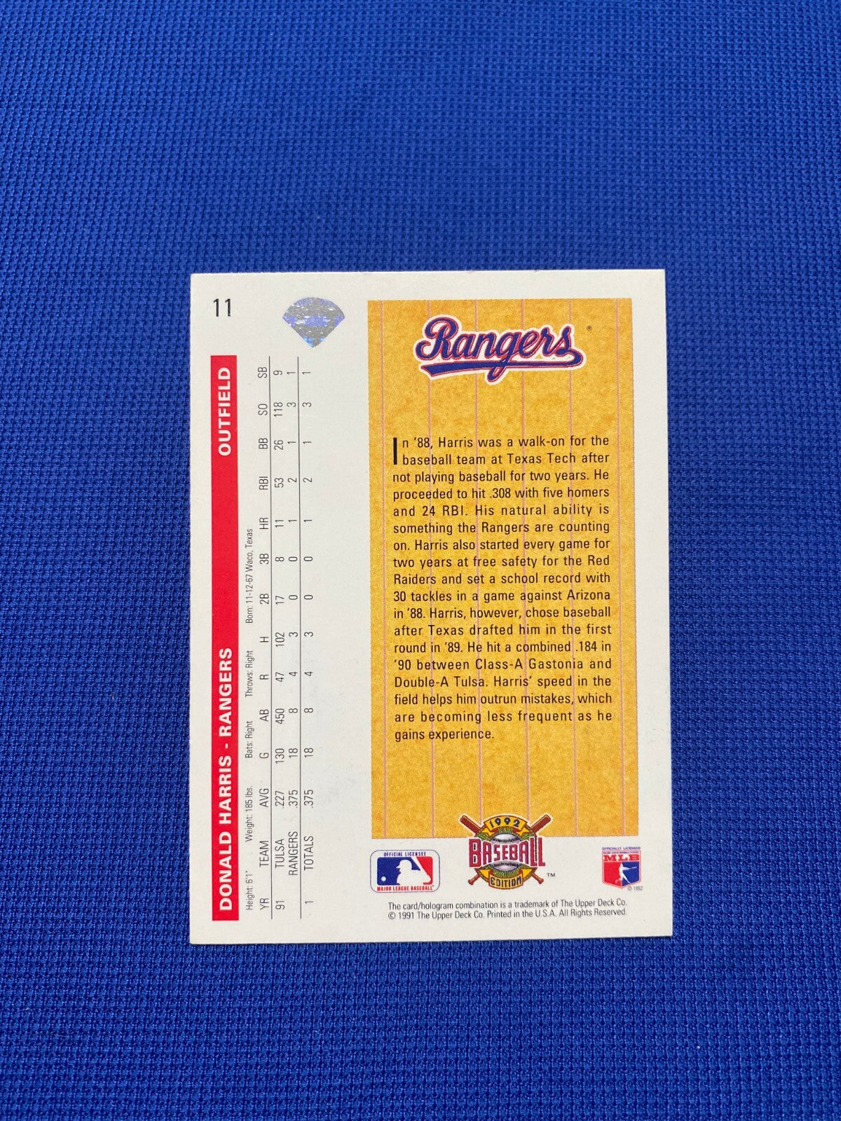 1992 UPPER DECK DONALD HARRIS TEXAS RANGERS SIGNED AUTOGRAPH AUTO #11 CARD W/COA