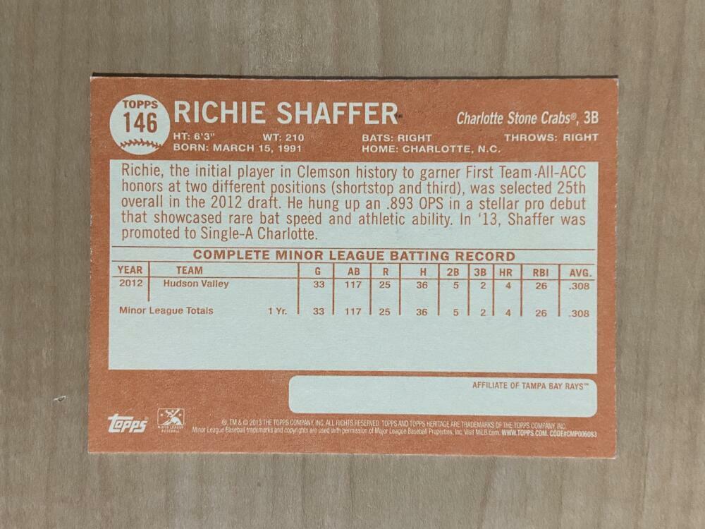 RICHIE SHAFFER CHARLOTTE STONE CRABS SIGNED 2013 TOPPS CARD #146 W/COA