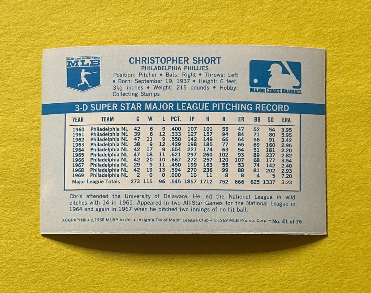 1970 KELLOGG'S 3-D CHRISTOPHER SHORT #41 PHILLIES