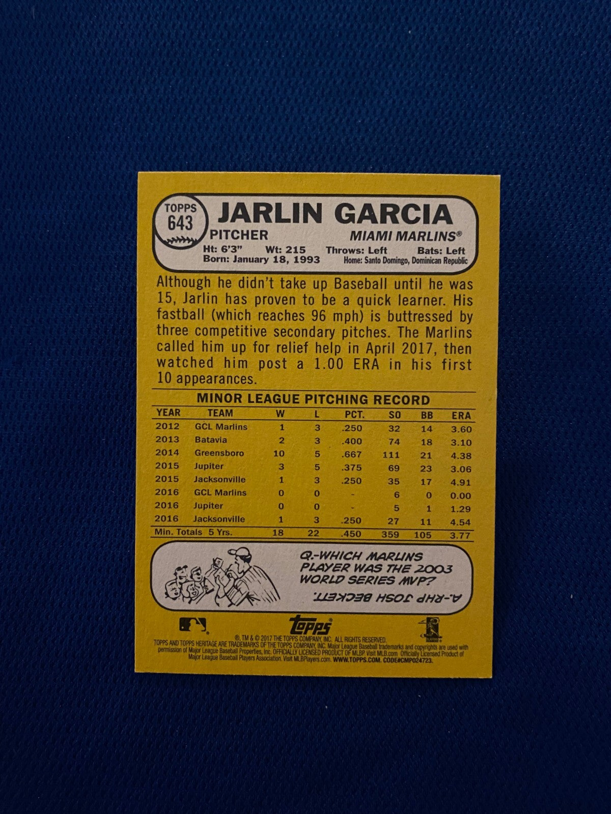 2017 TOPPS HERITAGE JARLIN GARCIA MARLINS SIGNED AUTOGRAPHED RC CARD #643 W/COA