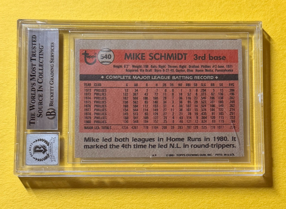 1981 TOPPS MIKE SCHMIDT DP #540 SIGNED AUTO CARD BECKETT 10 AUTH "80 WS CHAMPS"