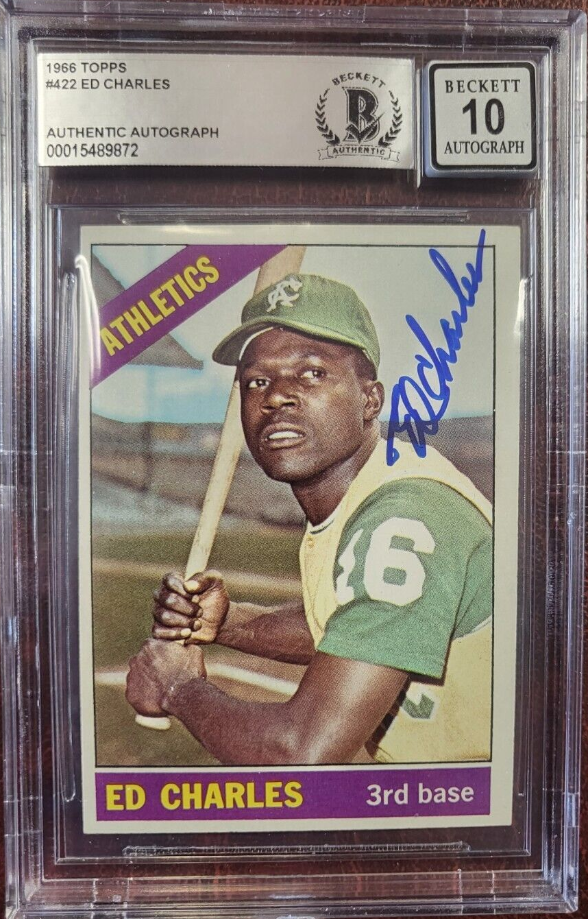 1966 TOPPS ED CHARLES ATHLETICS SIGNED AUTOGRAPH #422 CARD BECKETT 10 AUTO *