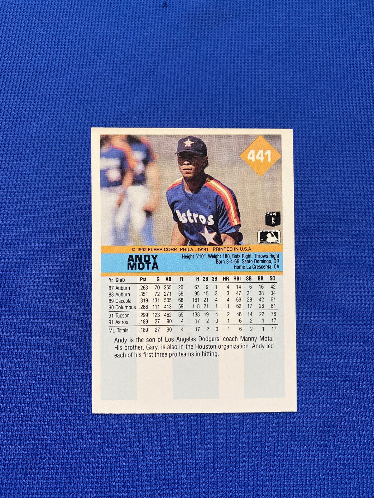 1992 FLEER ANDY MOTA HOUSTON ASTROS SIGNED AUTOGRAPHED #441 CARD W/COA