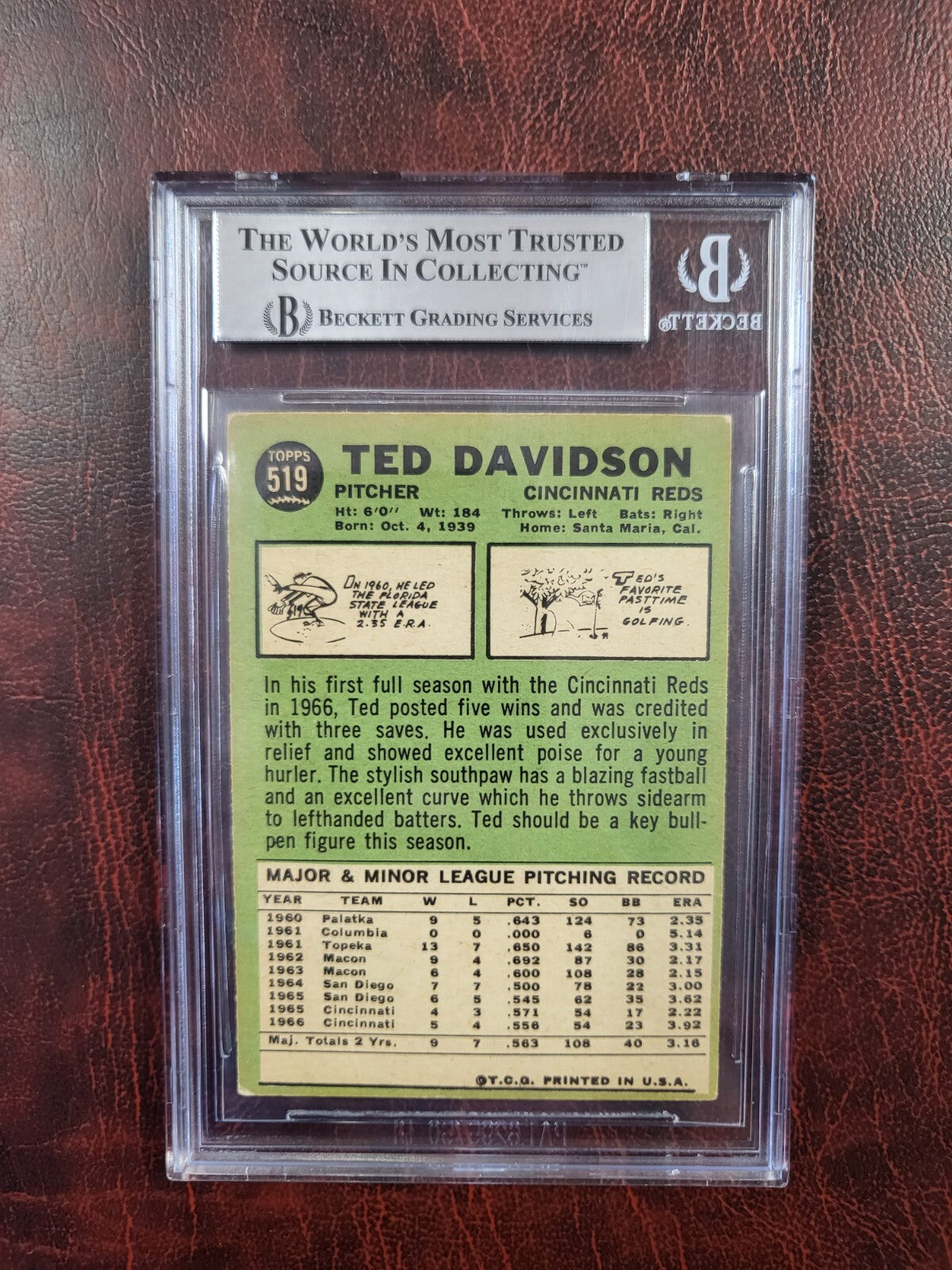 1967 TOPPS TED DAVIDSON REDS SIGNED AUTOGRAPH #519 CARD BECKETT AUTHENTIC