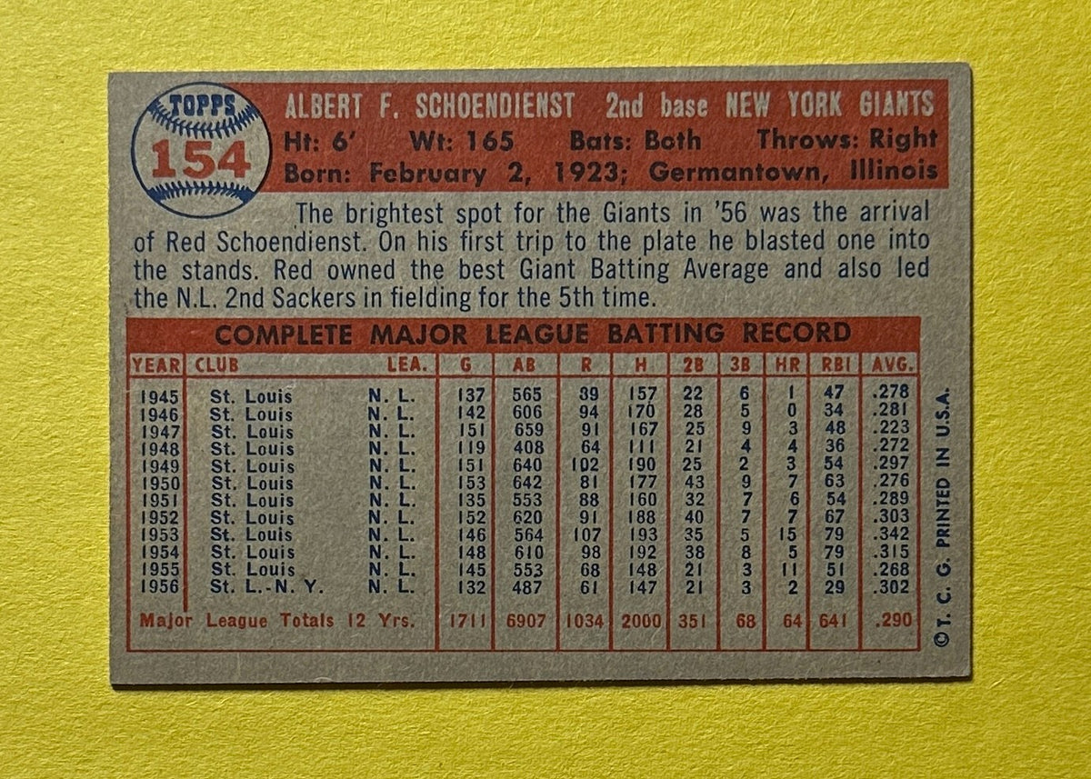1957 TOPPS RED SCHOENDIENST #154 GIANTS