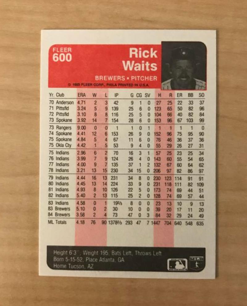 RICK WAITS MILWAUKEE BREWERS SIGNED AUTOGRAPHED 1985 FLEER CARD #600 W/COA