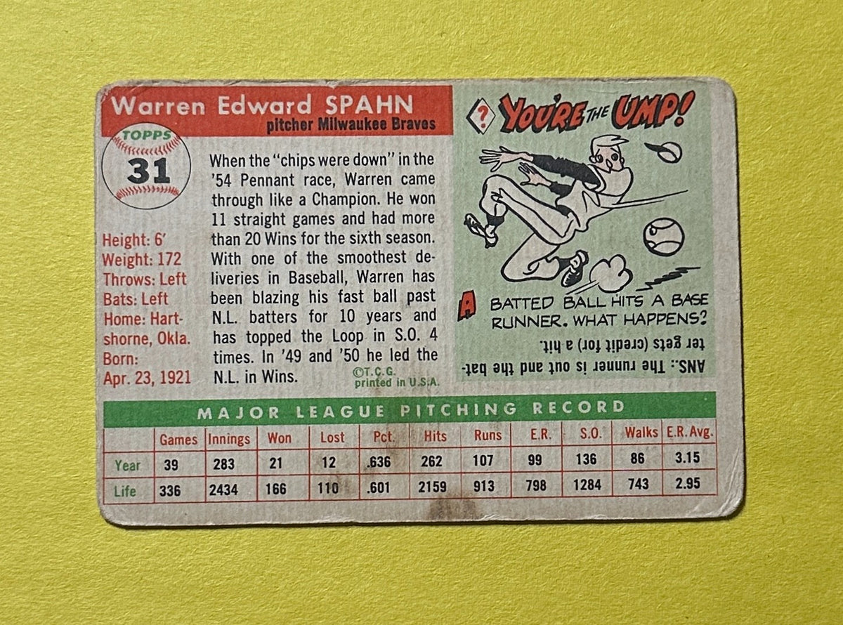 1955 TOPPS WARREN SPAHN #31 BRAVES HOF