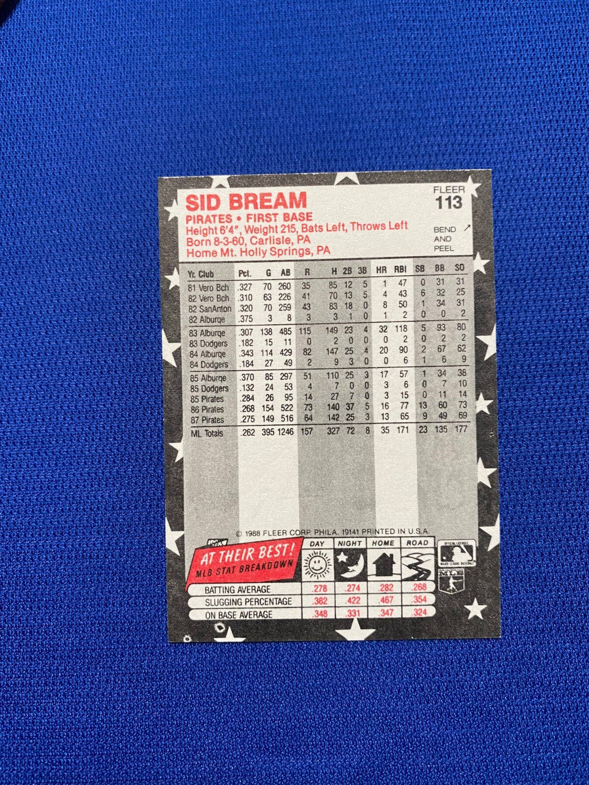 1988 FLEER SID BREAM PITTSBURGH PIRATES SIGNED AUTOGRAPHED #113 CARD W/COA