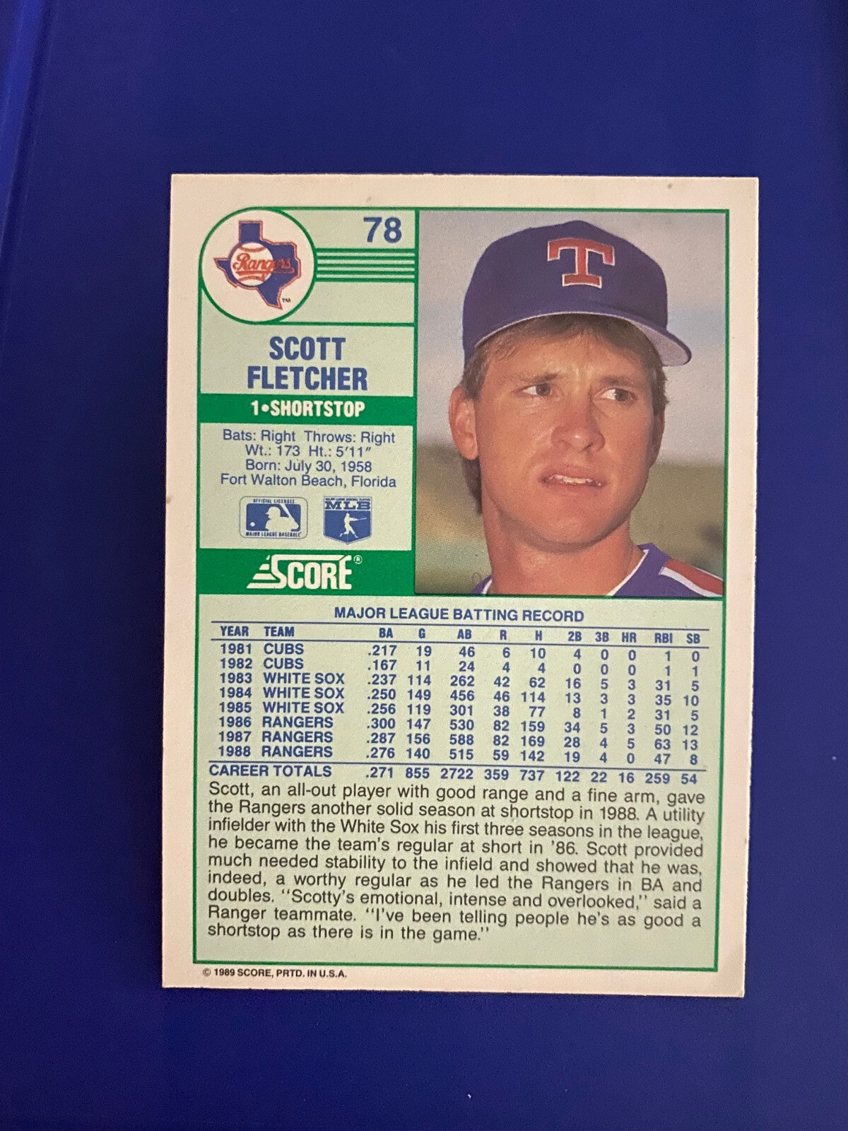 1989 SCORE SCOTT FLETCHER TEXAS RANGERS SIGNED AUTOGRAPHED CARD #78 W/COA