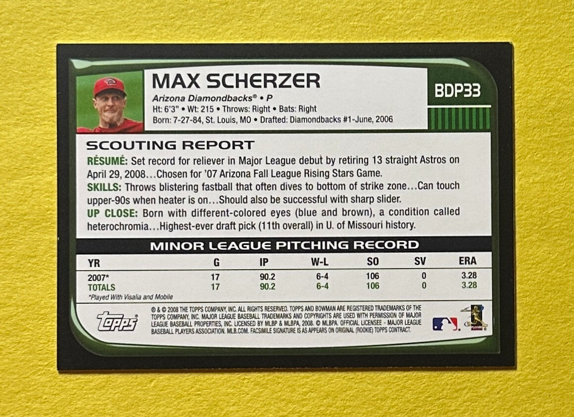 2008 BOWMAN MAX SCHERZER ROOKIE CARD #BDP33 DIAMONDBACKS
