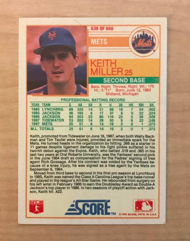 KEITH MILLER NEW YORK METS SIGNED AUTOGRAPHED 1988 SCORE CARD #639 W/COA