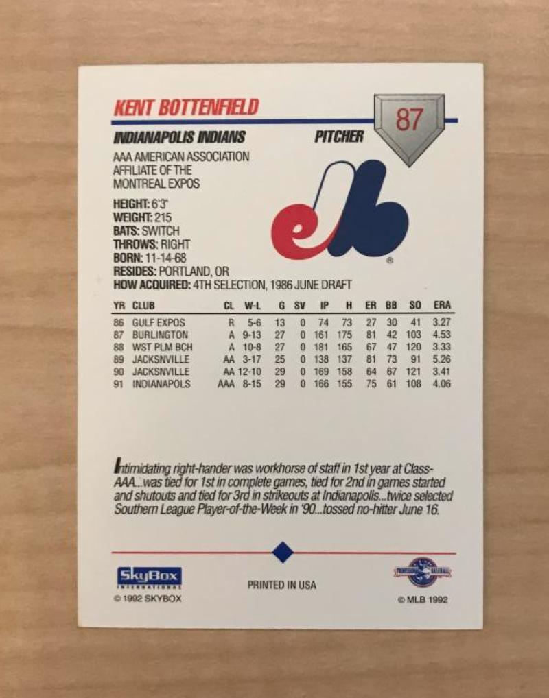 KENT BOTTENFIELD INDIANAPOLIS INDIANS AUTOGRAPHED 1992 SKYBOX CARD #87 W/COA