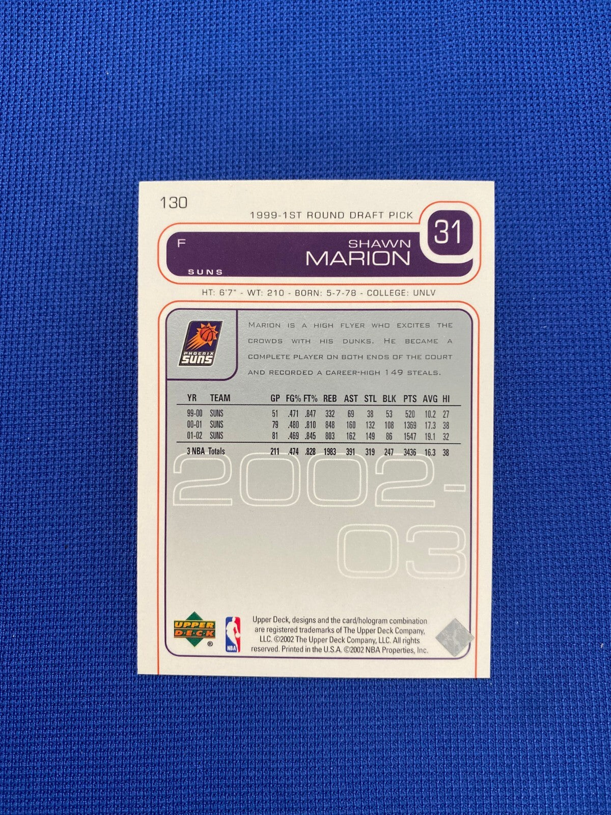 2002 UPPER DECK SHAWN MARION PHX SUNS SIGNED AUTOGRAPH CARD #130 W/COA
