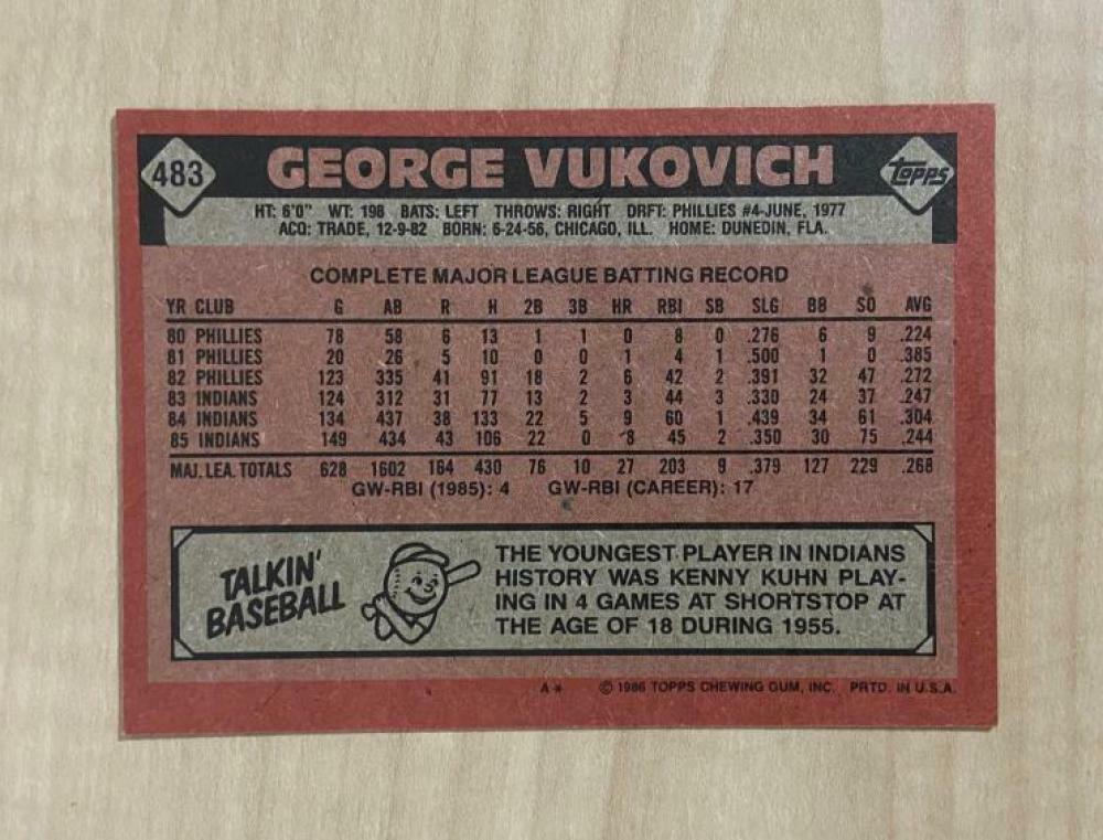 GEORGE VUKOVICH CLEVELAND INDIANS SIGNED AUTOGRAPHED 1986 TOPPS CARD #483 W/COA