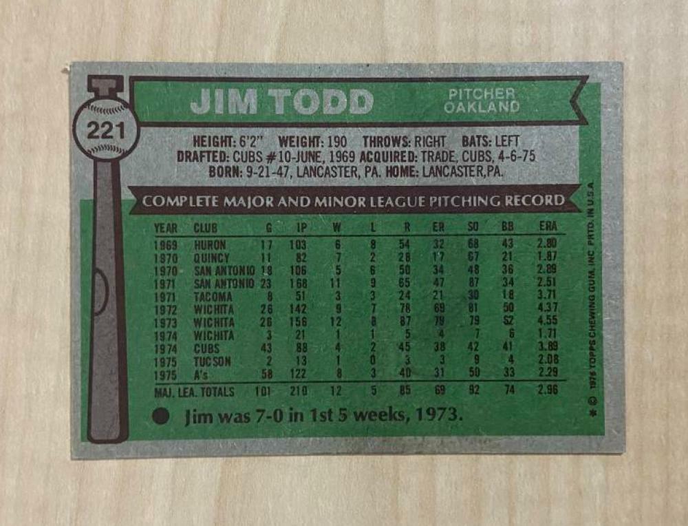 JIM TODD OAKLAND ATHLETICS SIGNED AUTOGRAPHED 1976 TOPPS CARD #221 W/COA