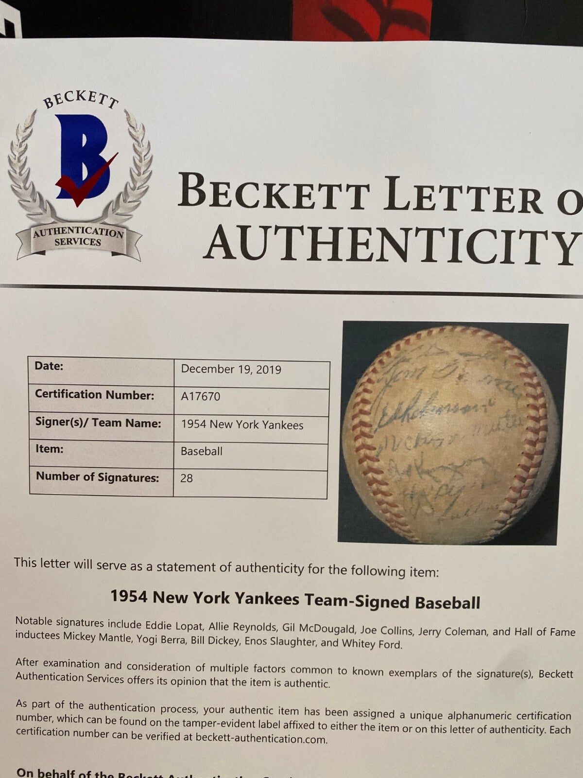 1954 NEW YORK YANKEES TEAM SIGNED AUTOGRAPHED BASEBALL BECKETT LOA MANTLE BERRA