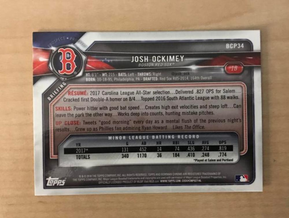 JOSH OCKIMEY BOSTON RED SOX AUTOGRAPHED 2018 BOWMAN CHROME CARD #BCP34 W/COA 