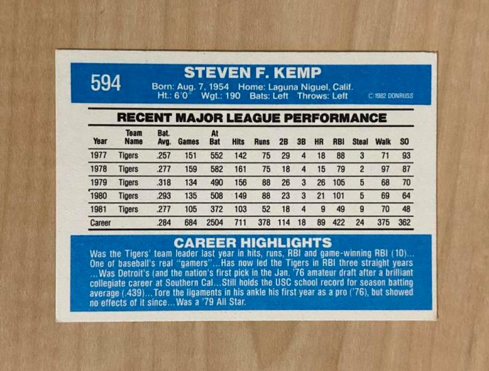 STEVE KEMP DETROIT TIGERS SIGNED AUTOGRAPHED 1982 DONRUSS CARD #594 W/COA