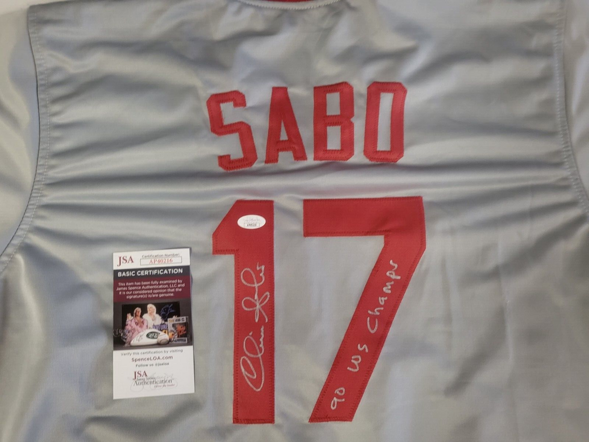 CHRIS SABO #17 CINCINNATI REDS 90 WS CHAMPS SIGNED GRAY CUSTOM JERSEY XL JSA COA