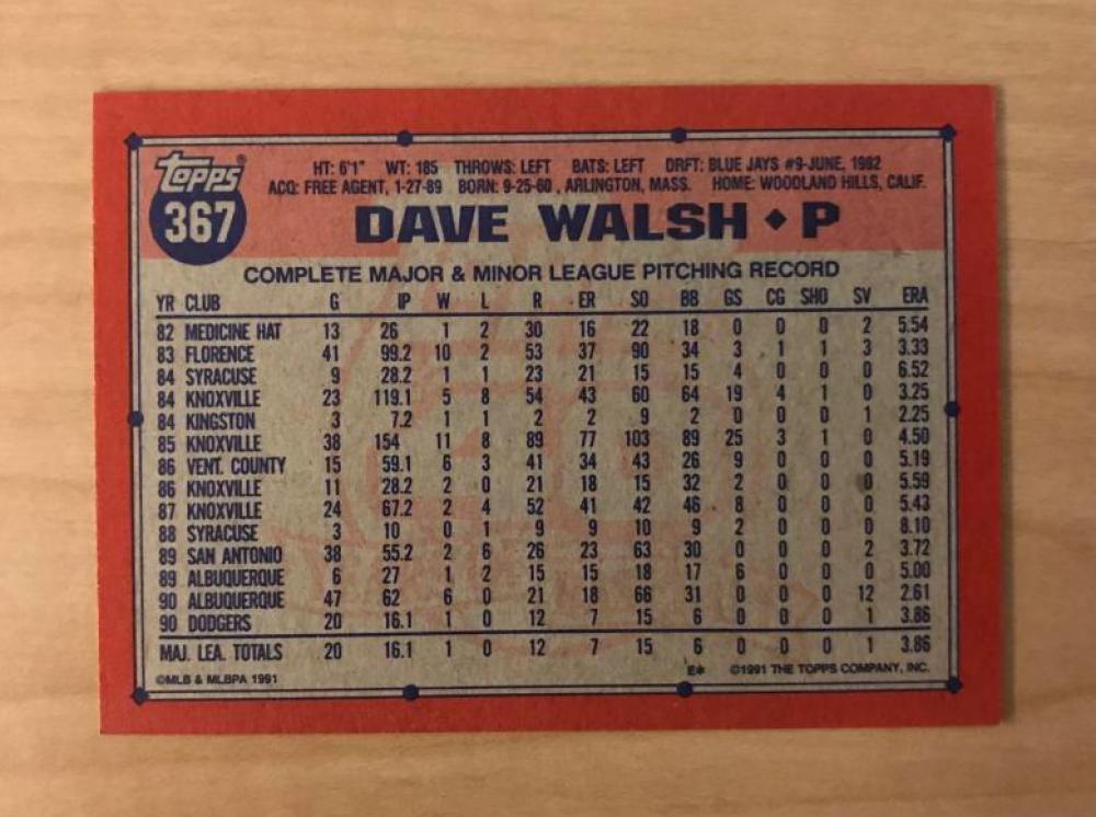 DAVE WALSH LOS ANGELES DODGERS SIGNED AUTOGRAPHED 1991 TOPPS CARD #367 W/COA 