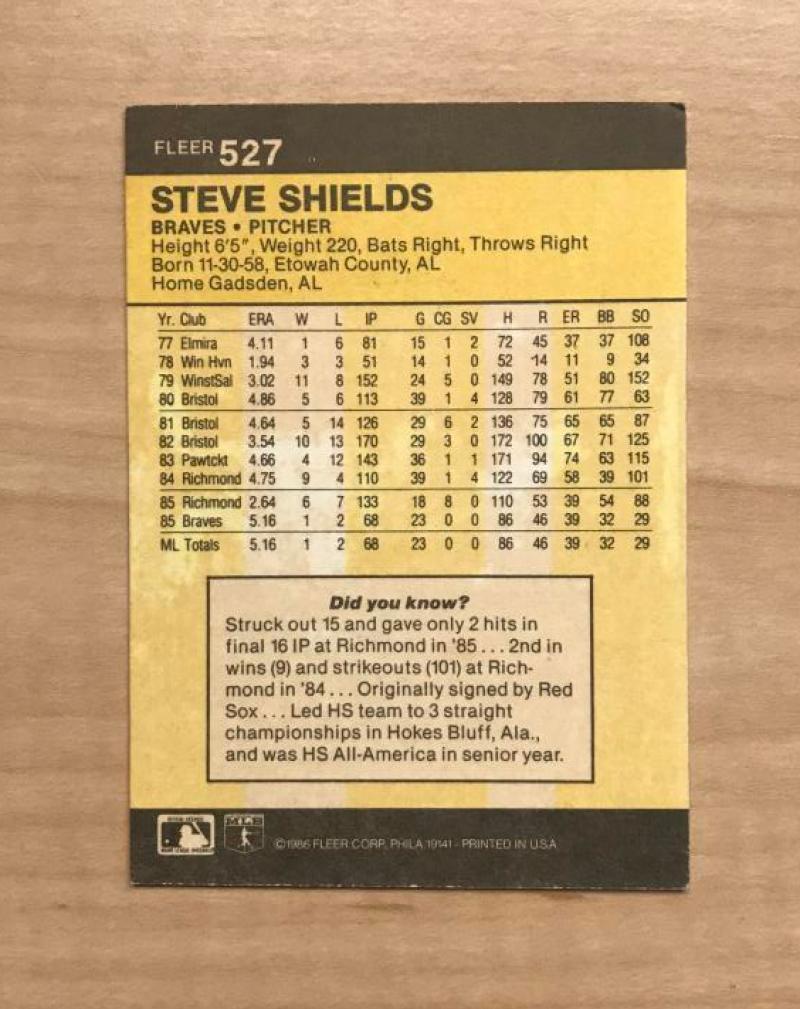 STEVE SHIELDS ATLANTA BRAVES SIGNED AUTOGRAPHED 1986 FLEER CARD #527 W/COA 