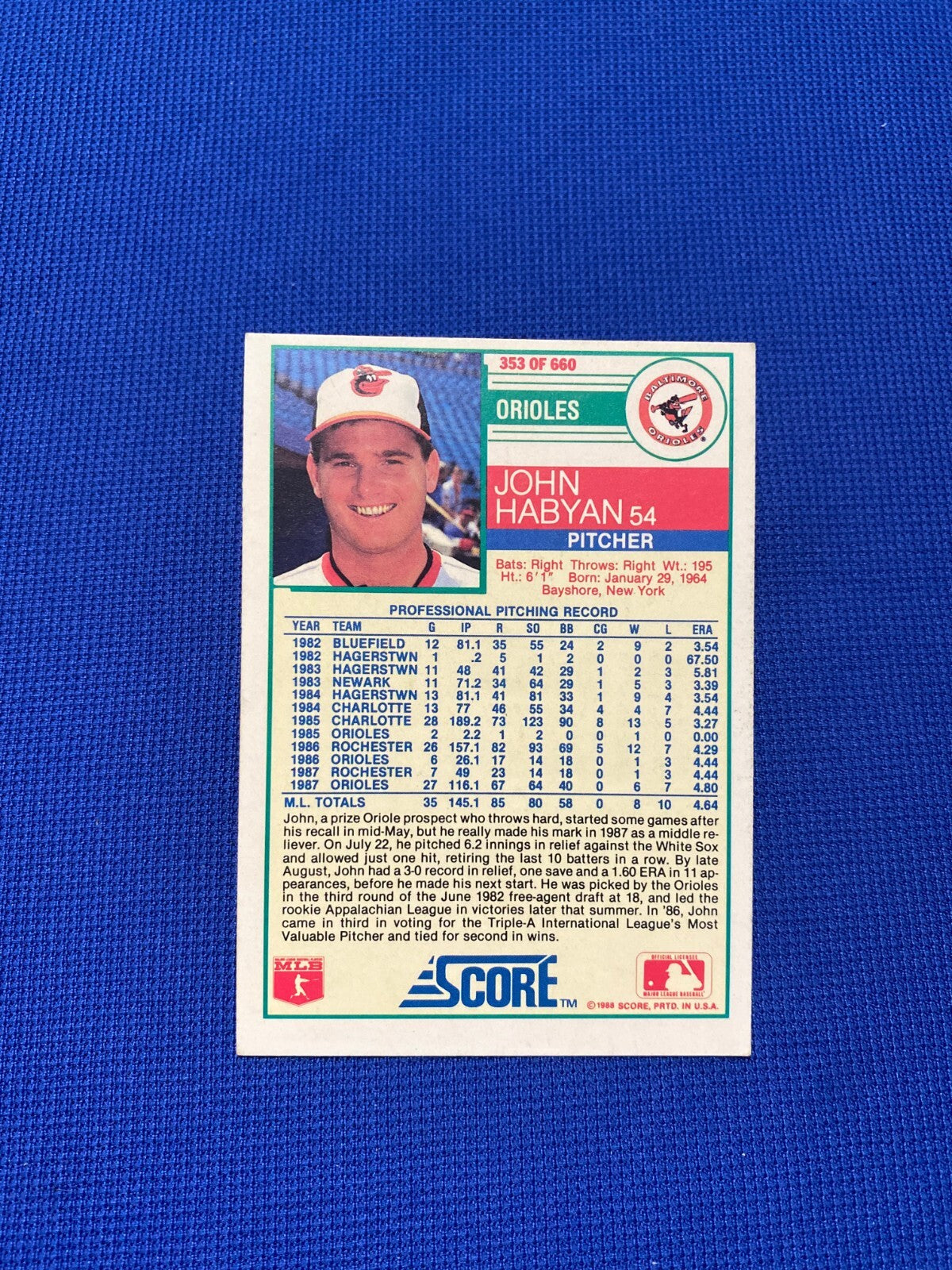 1988 SCORE JOHN HABYAN BALTIMORE ORIOLES SIGNED AUTOGRAPHED #353 CARD W/COA
