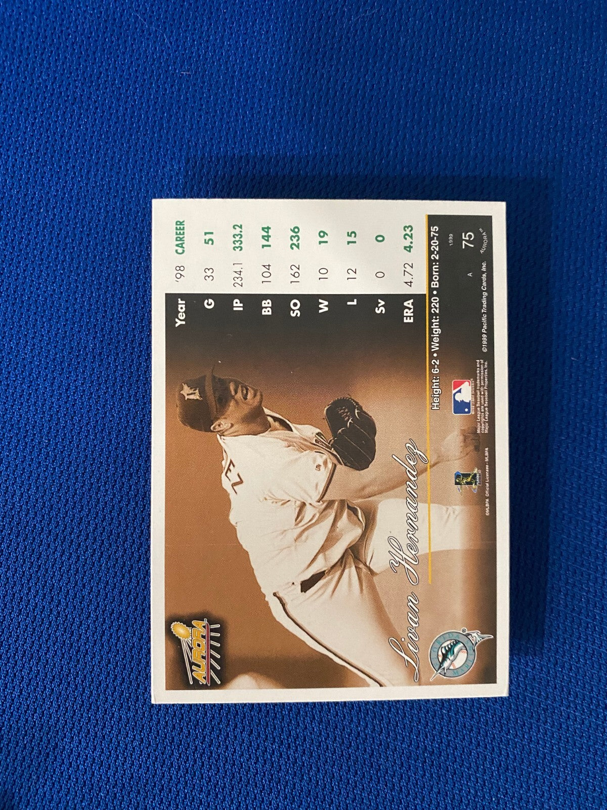 1999 AURORA LIVAN HERNANDEZ FL MARLINS AUTOGRAPHED SIGNED CARD #75 W/COA